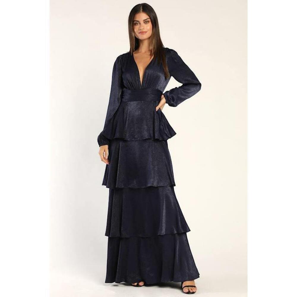 Lulus Tier For Love Navy Blue Satin Long Sleeve Tiered Maxi Dress - Size XL